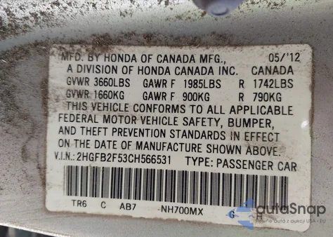 2012 Honda Civic Lx из США, поврежденный, VIN 2HGFB2F53CH566531